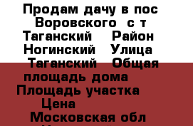 Продам дачу в пос. Воровского  с/т “Таганский“ › Район ­ Ногинский › Улица ­ Таганский › Общая площадь дома ­ 45 › Площадь участка ­ 6 › Цена ­ 1 100 000 - Московская обл., Ногинский р-н, Воровского п. Недвижимость » Дома, коттеджи, дачи продажа   . Московская обл.